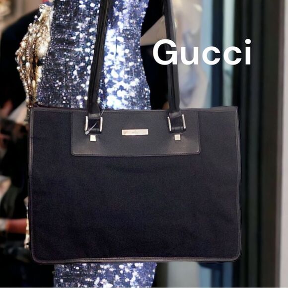 GUCCI BLACK NYLON LEATHER TOTE SHOULDER HAND BAG - Picture 1 of 11